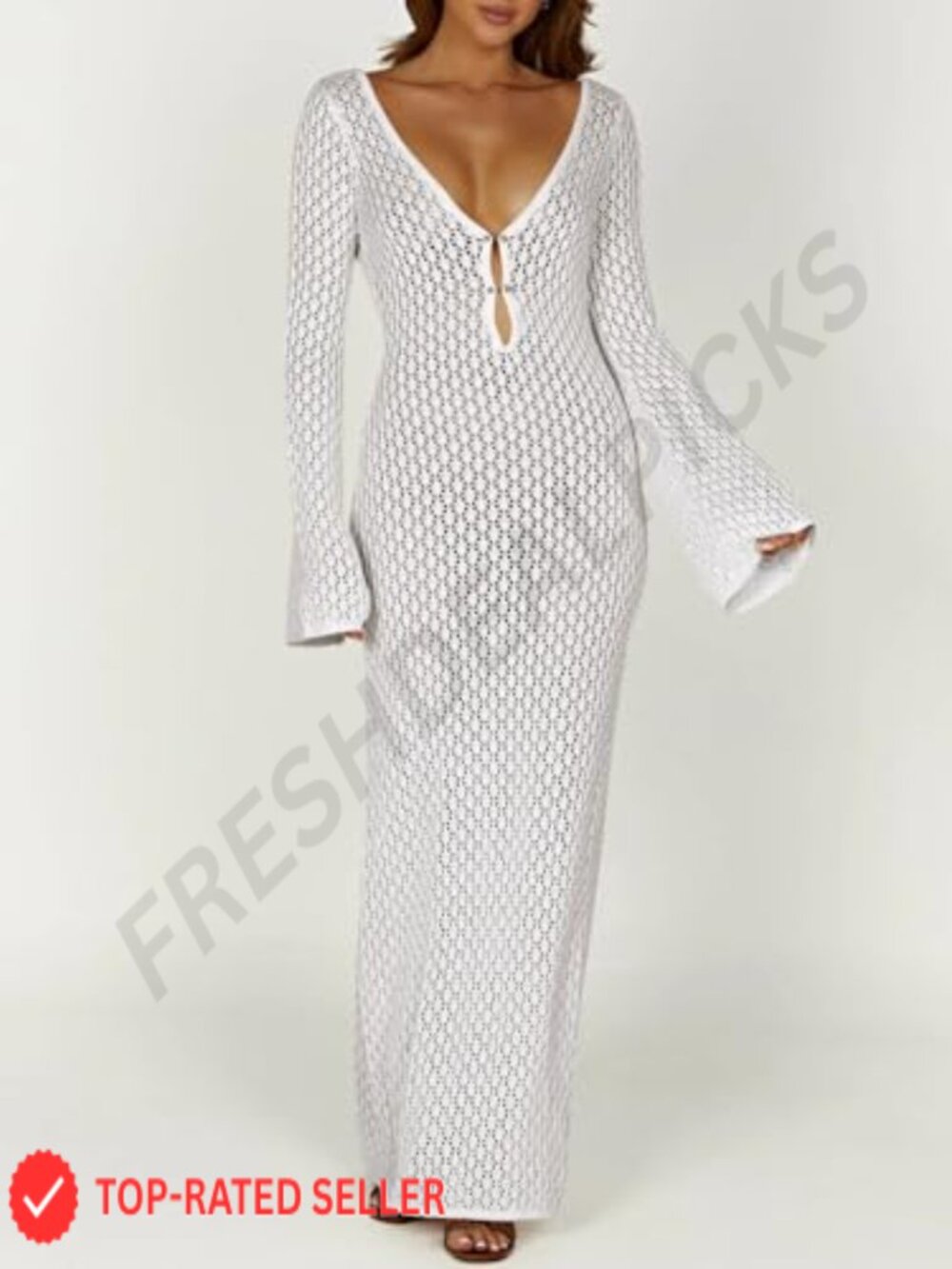 Sexy V-Neck Crochet Maxi Cover Up Dress Beach Vacation Long Sleeve Bodycon Knit - Picture 3 of 7